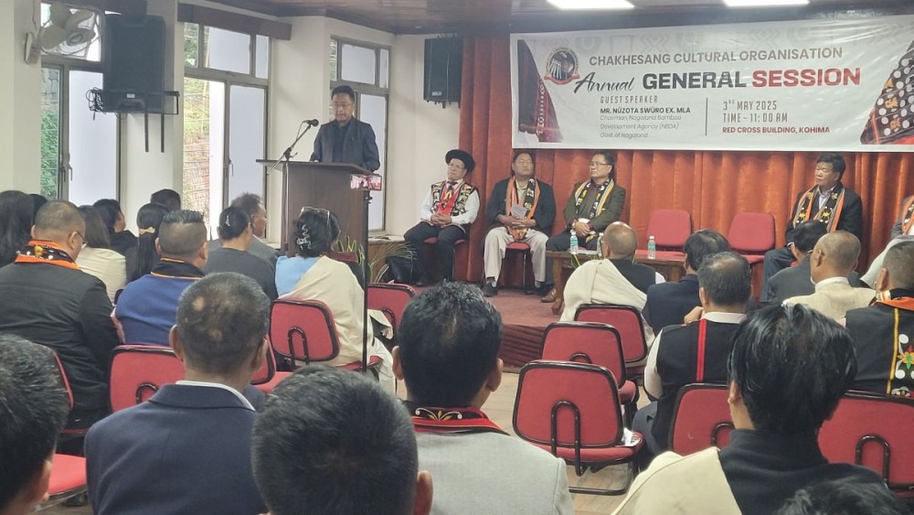 Niizota Swiiro addressing annual general session of Chakhesang Cultural Organization on May 3 in Kohima. (Morung Photo)